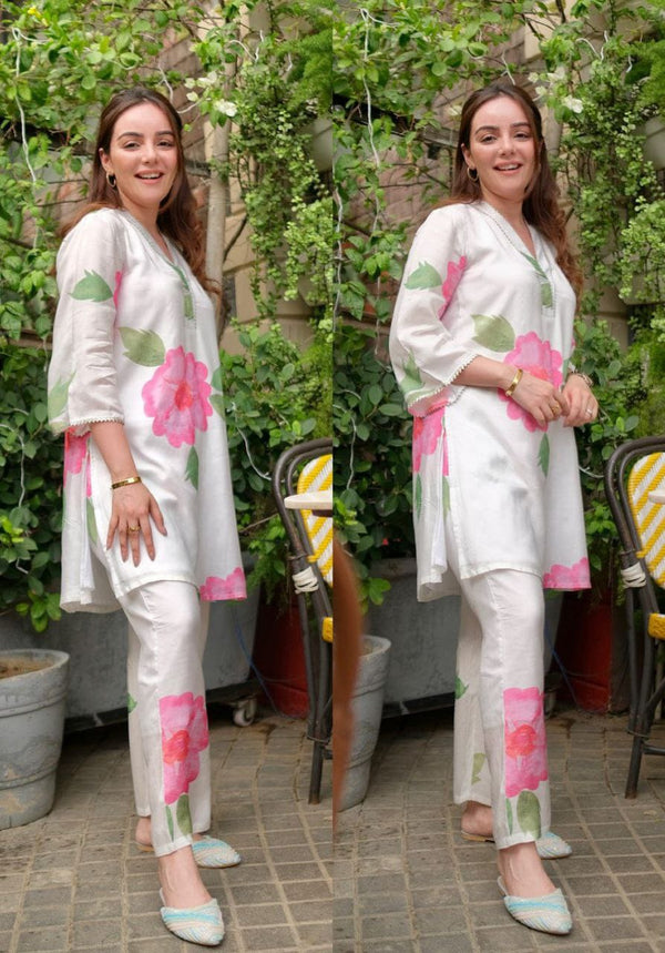 Women's Floral Printed V Neck Rayon Co-ords Set (White)