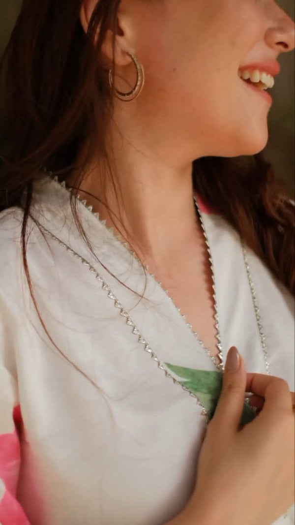 Women's Floral Printed V Neck Rayon Co-ords Set (White)