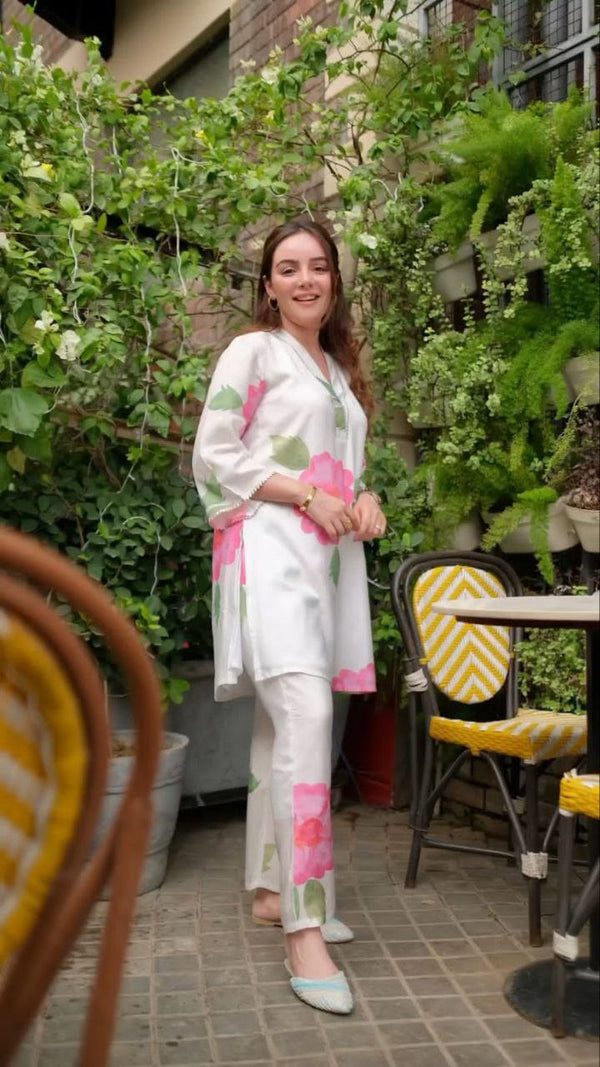 Women's Floral Printed V Neck Rayon Co-ords Set (White)