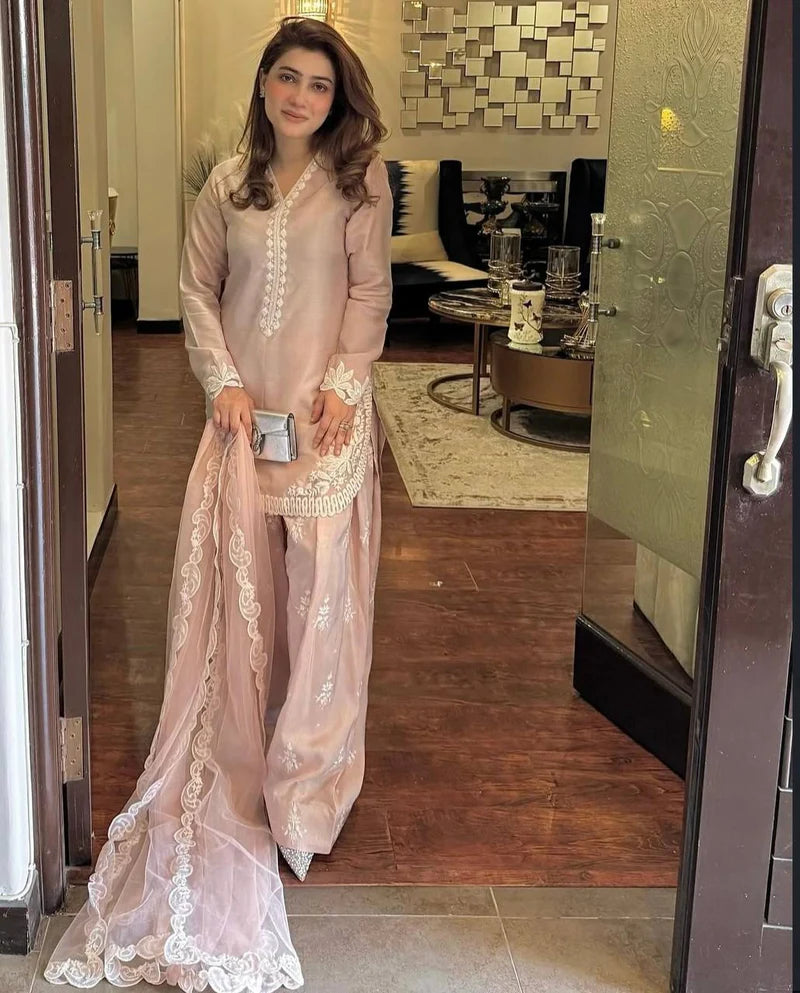 Pink Color Natural Creape Silk Embroidery Kurta With Pant