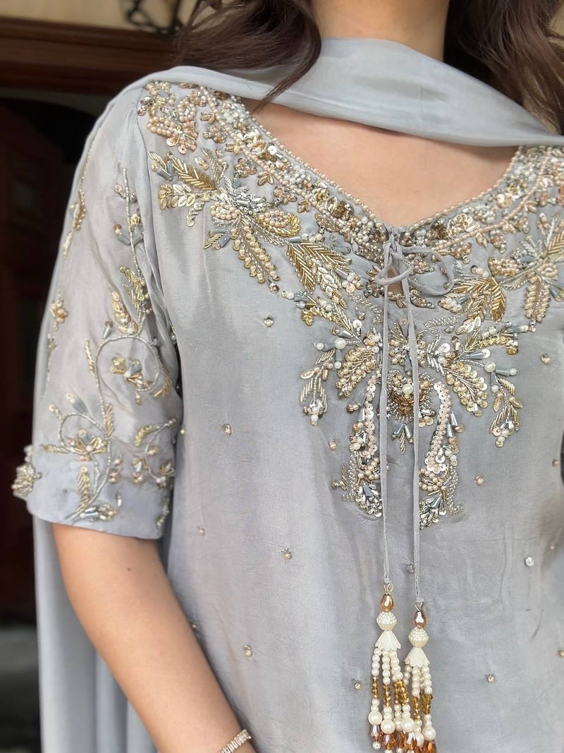 New Designer Pure Natural Crepe Palazzo Set with Embroidery & Readymade Lace Dupatta