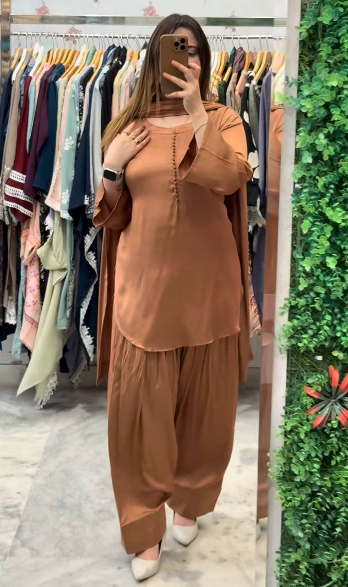 New Launching Natural Crep Silk Party Wear Look Top with Farshi Salwar And Natural Crep Silk Fancy border Dupatta