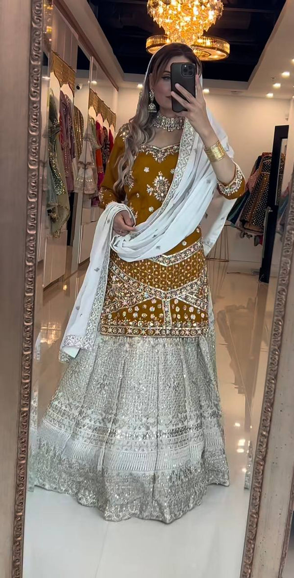 New Elegant Chinnon Silk Embroidered Lehenga Set