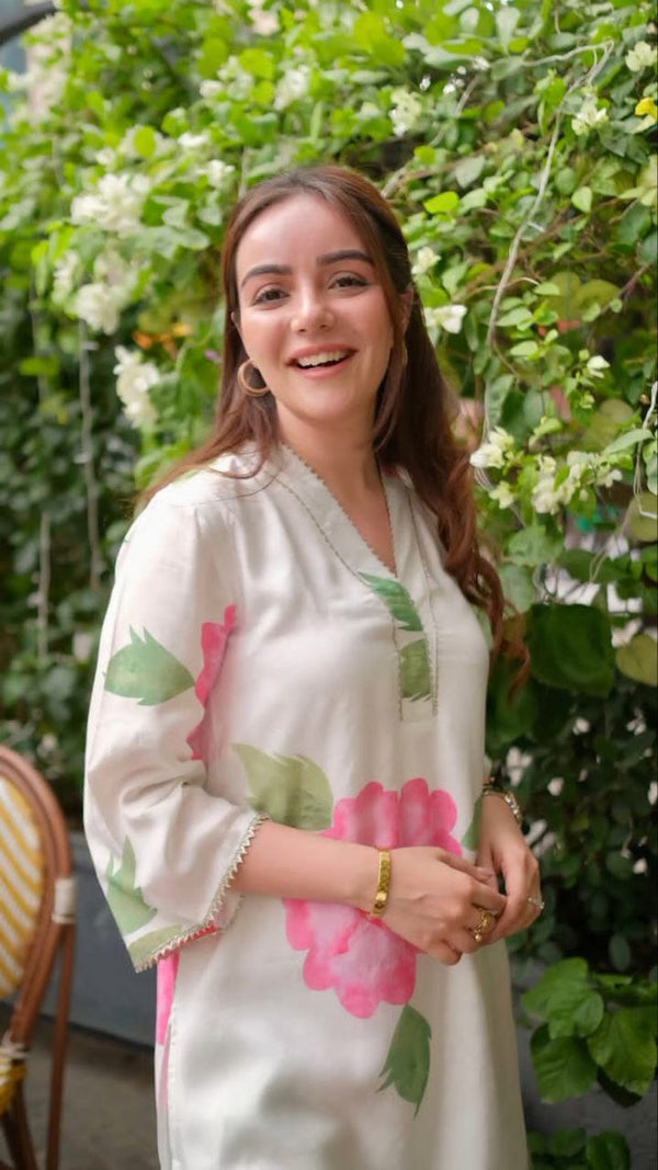 Women's Floral Printed V Neck Rayon Co-ords Set (White)