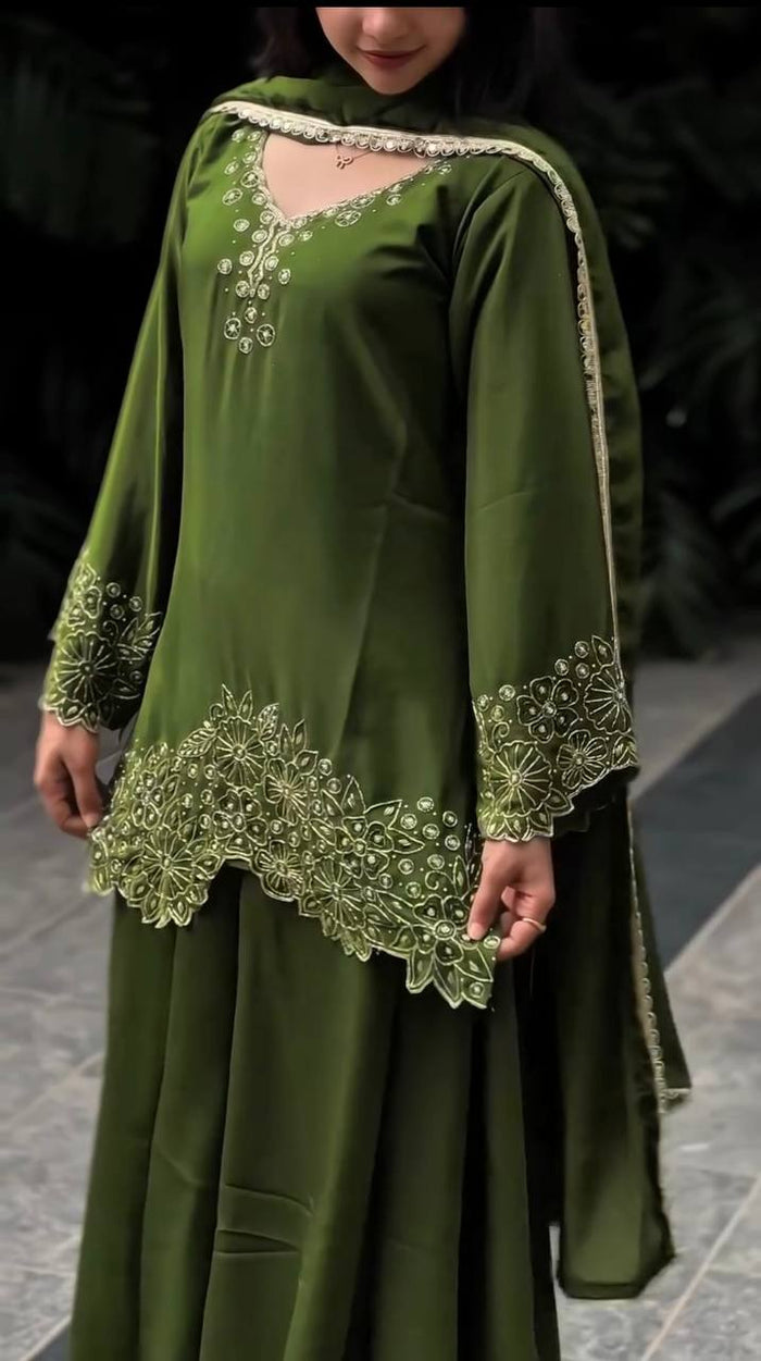 Green Chinnon Silk Designer Embroidery Kurta Set