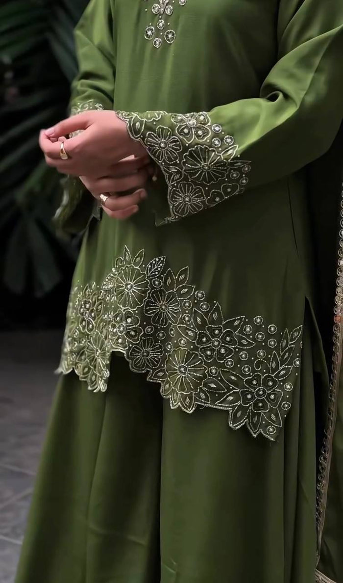 Green Chinnon Silk Designer Embroidery Kurta Set