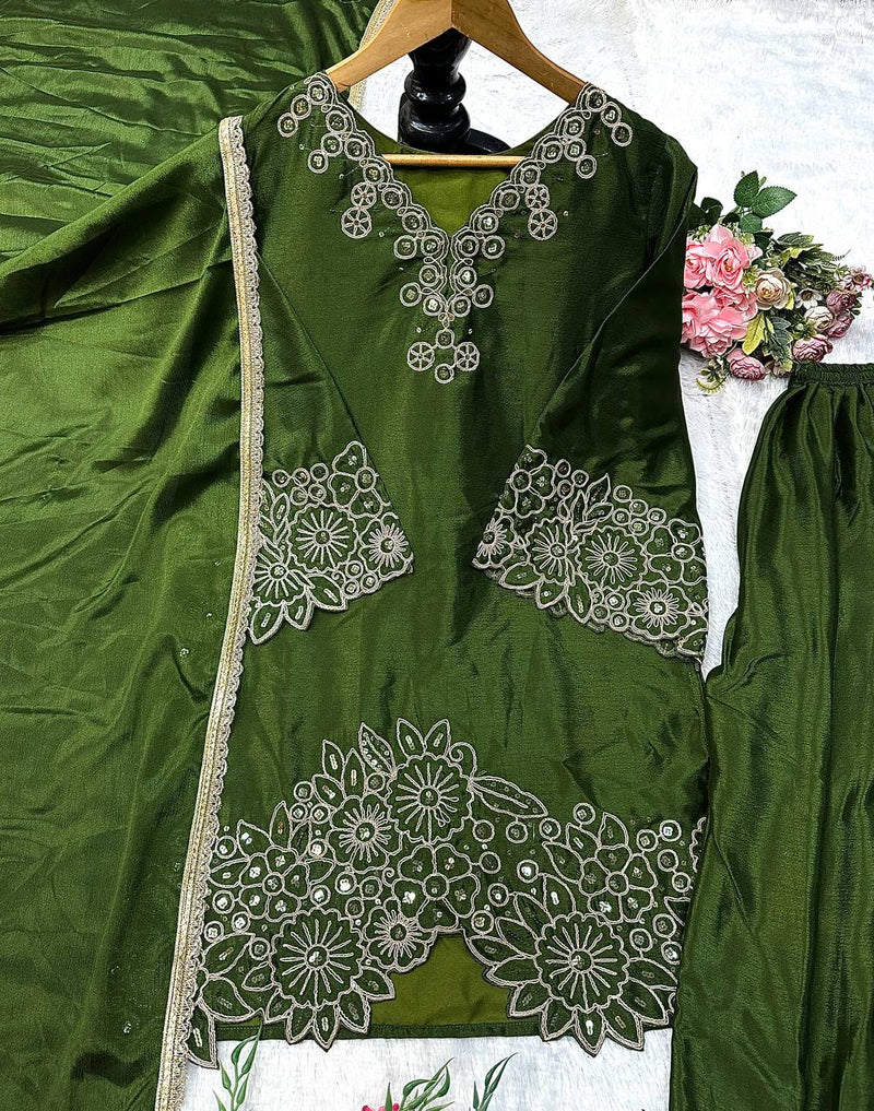 Green Chinnon Silk Designer Embroidery Kurta Set