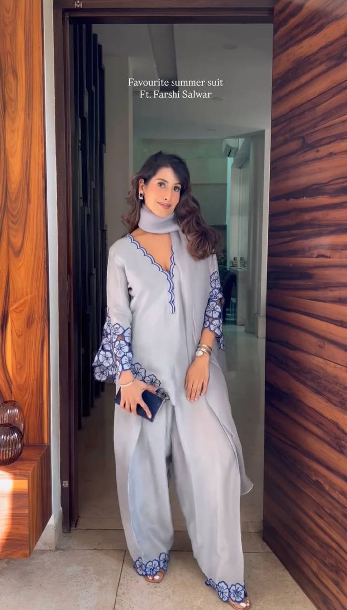 Pure Natural Crepe Top & Farshi Palazzo With Dupatta