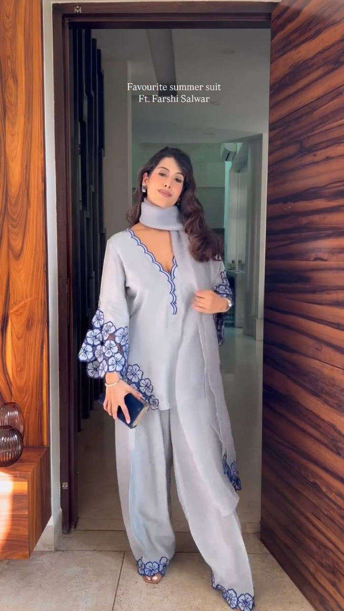 Pure Natural Crepe Top & Farshi Palazzo With Dupatta