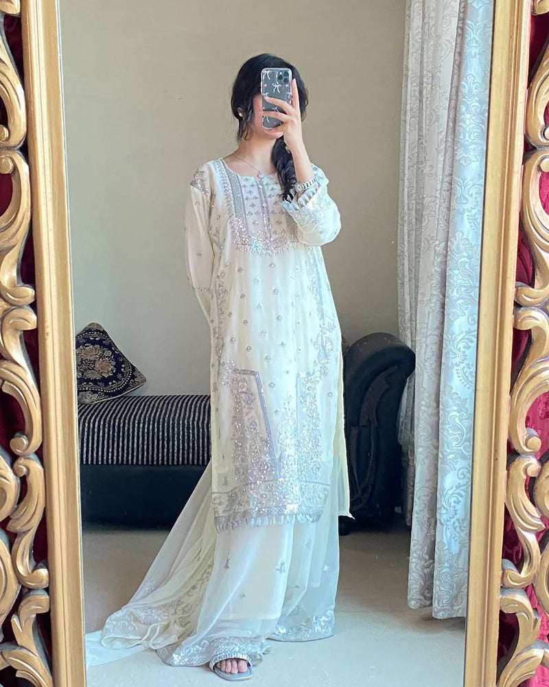 White Premium Embroidered Fox Georgette Suit Set