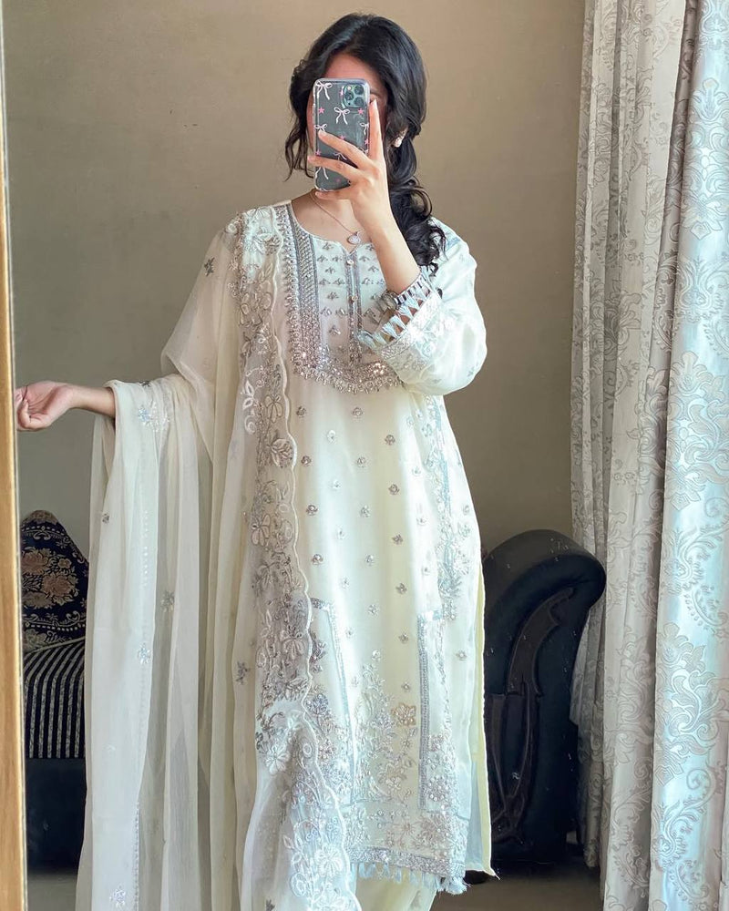 White Premium Embroidered Fox Georgette Suit Set