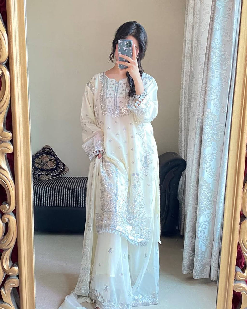 White Premium Embroidered Fox Georgette Suit Set