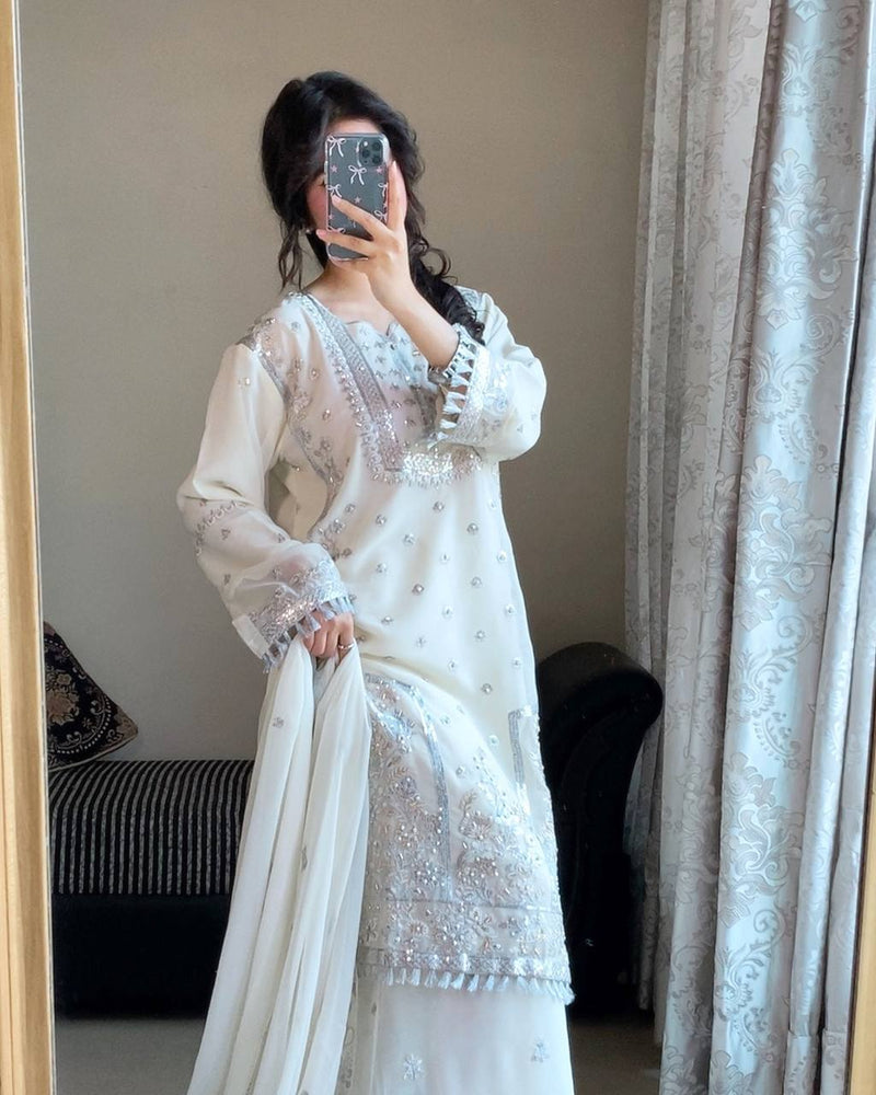 White Premium Embroidered Fox Georgette Suit Set