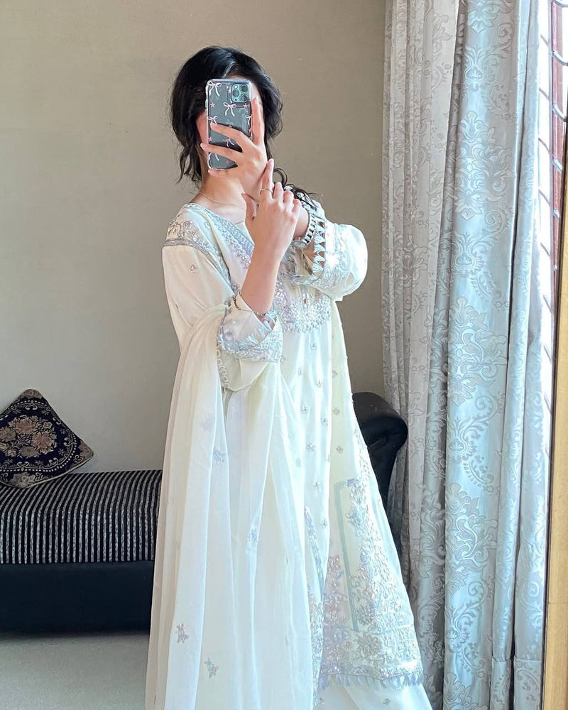 White Premium Embroidered Fox Georgette Suit Set