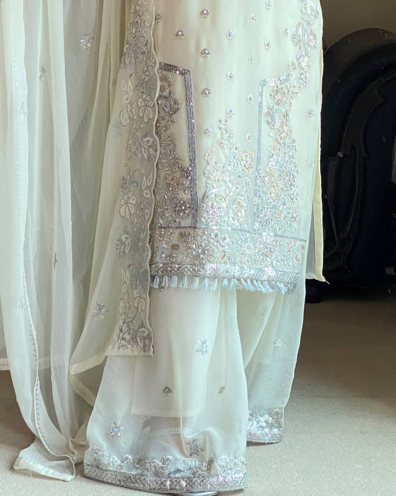 White Premium Embroidered Fox Georgette Suit Set