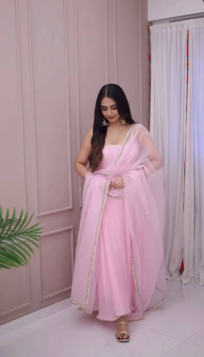 New Designer Collection In Faux Georgette With Embroidery Sequence Work Gown And Dupatta Set Fully Stitched Ready To Wear