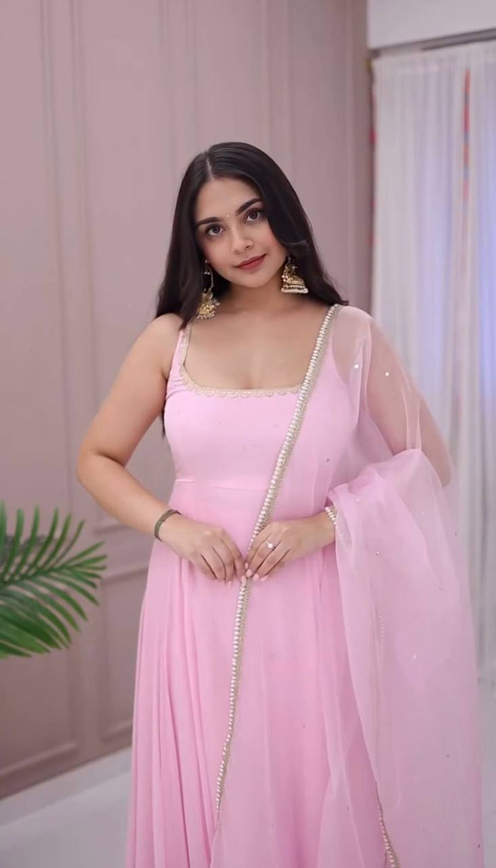 New Designer Collection In Faux Georgette With Embroidery Sequence Work Gown And Dupatta Set Fully Stitched Ready To Wear