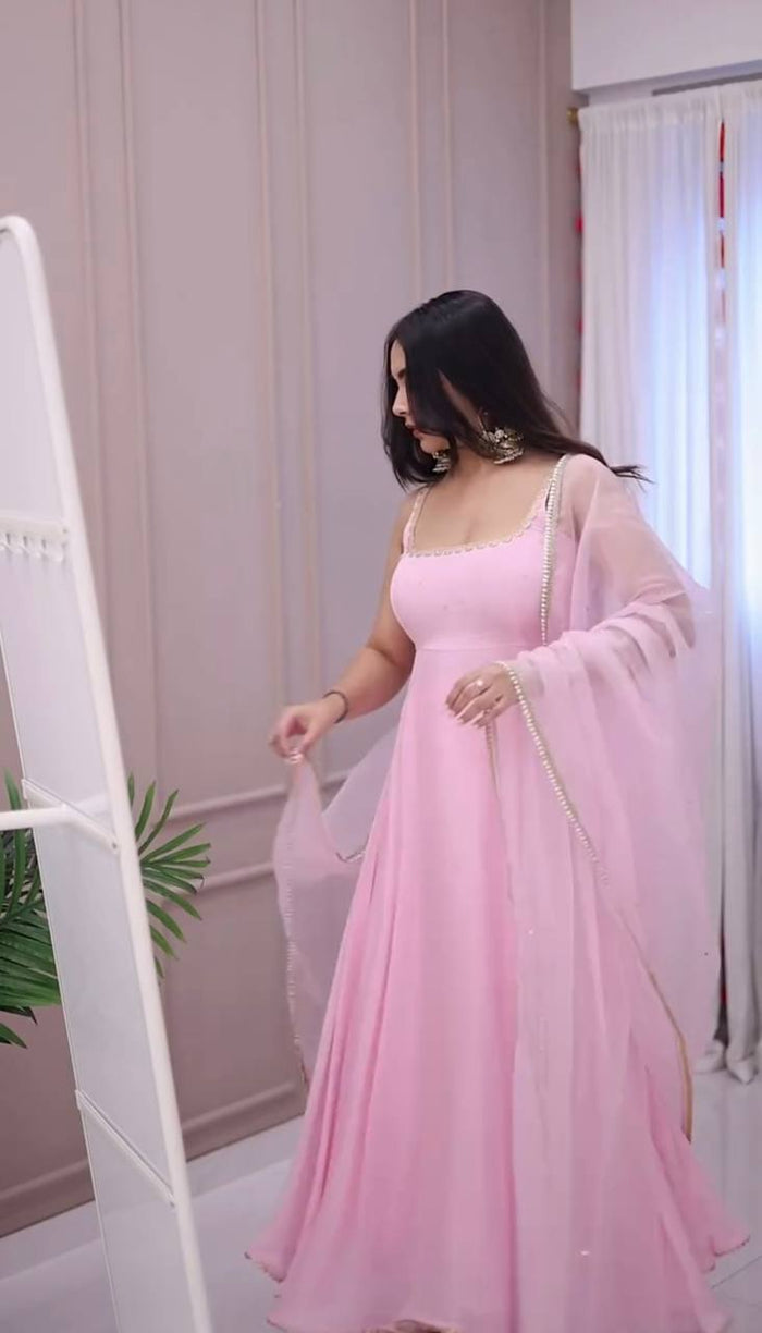 New Designer Collection In Faux Georgette With Embroidery Sequence Work Gown And Dupatta Set Fully Stitched Ready To Wear