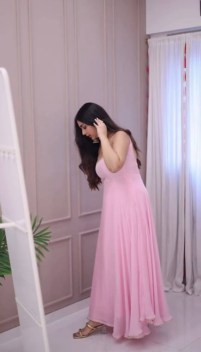 New Designer Collection In Faux Georgette With Embroidery Sequence Work Gown And Dupatta Set Fully Stitched Ready To Wear