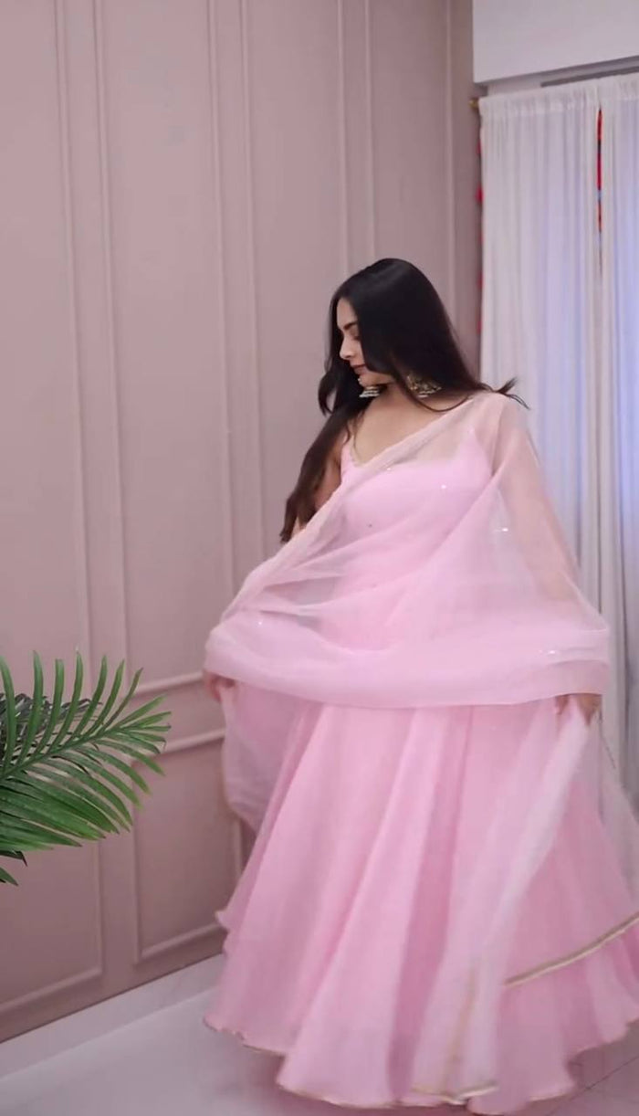 New Designer Collection In Faux Georgette With Embroidery Sequence Work Gown And Dupatta Set Fully Stitched Ready To Wear