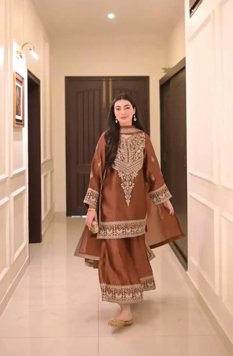 New Partywear Natural Crepe Embroidery Kurta With Designer Plazzo Set